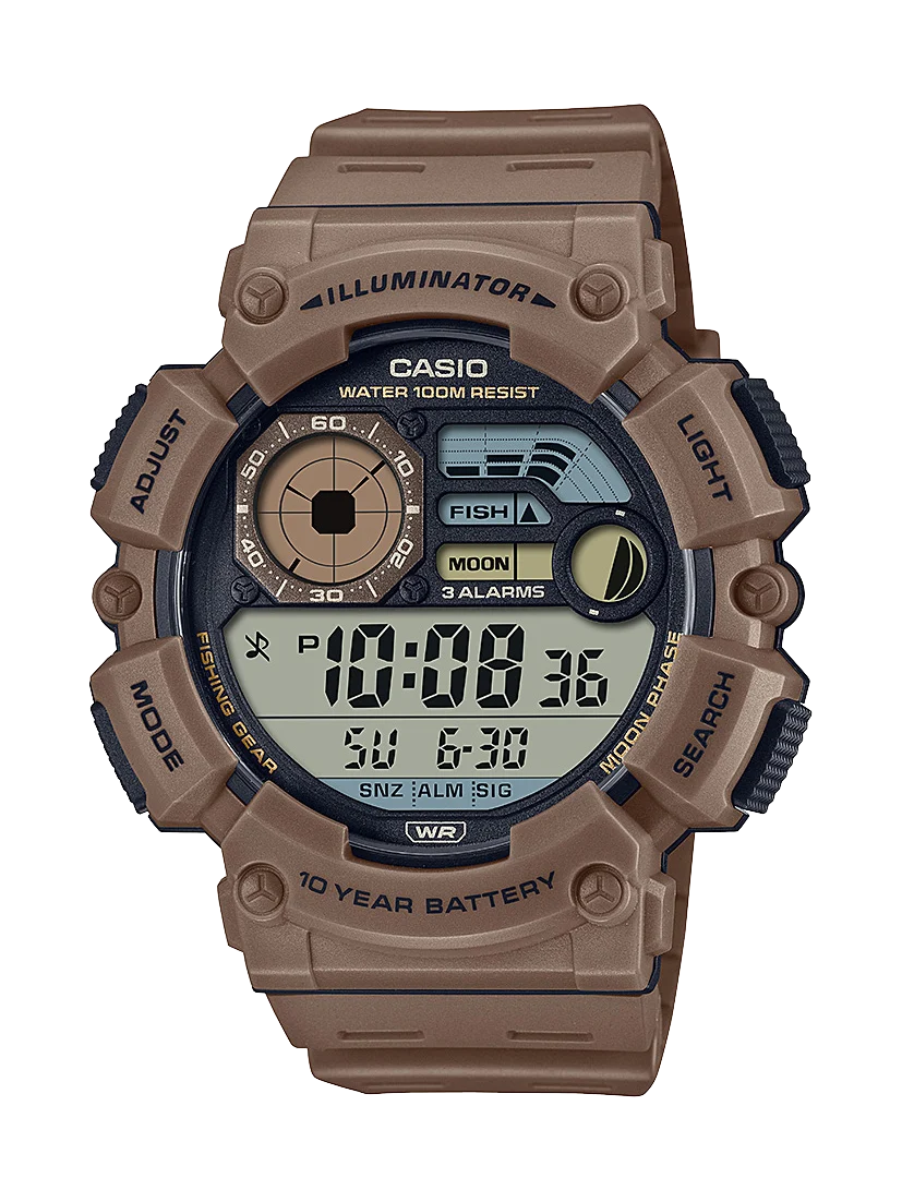 Casio Digital Multi Window Fish, Moon 100M 10YR Battery Brown Resin Band - WS1500H-5A