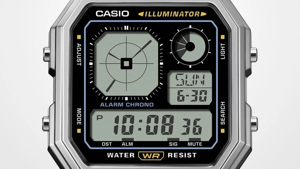 Casio Digital Octagon, Black Dial, Silver Case & Band - A130WE-1A