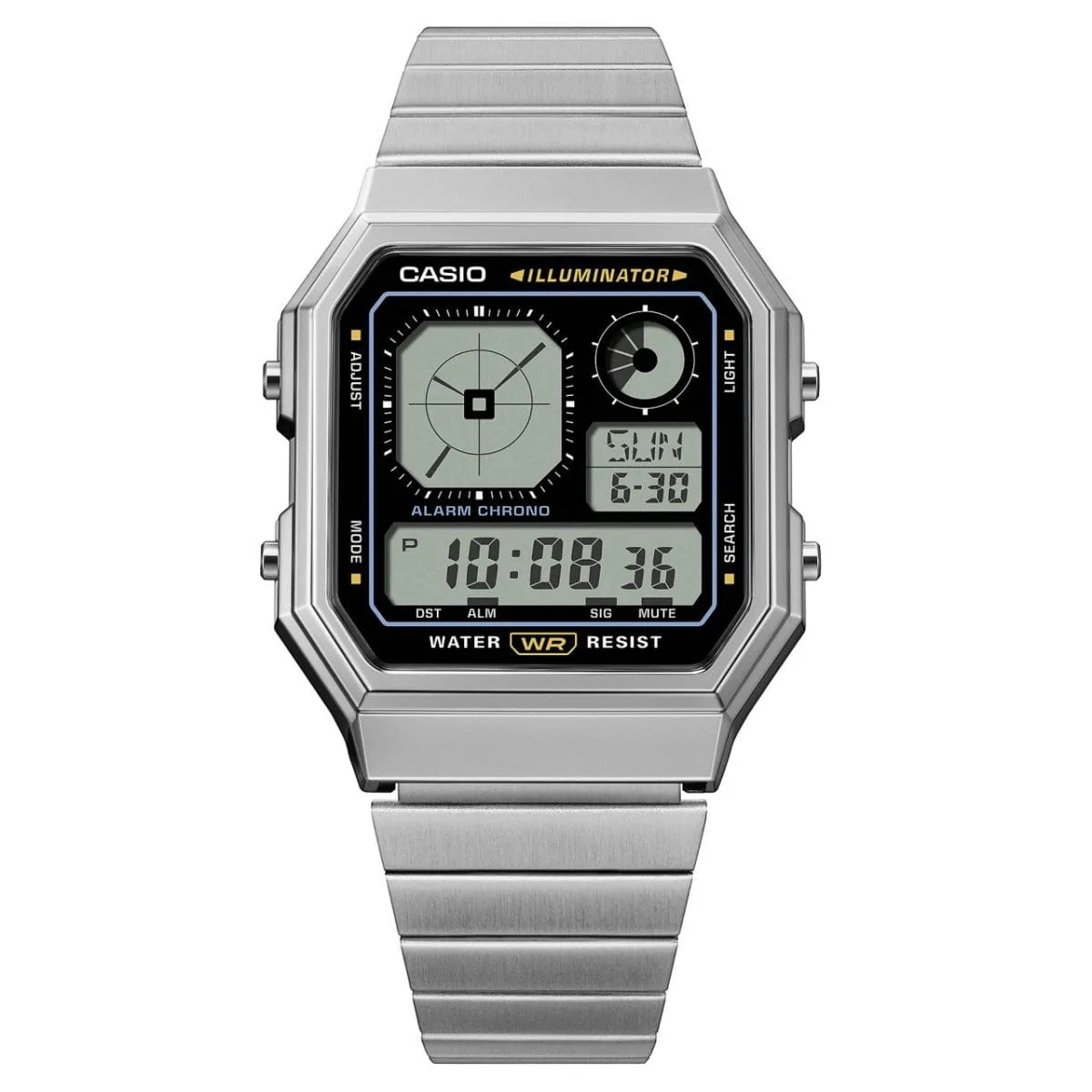 Casio Digital Octagon, Black Dial, Silver Case & Band - A130WE-1A