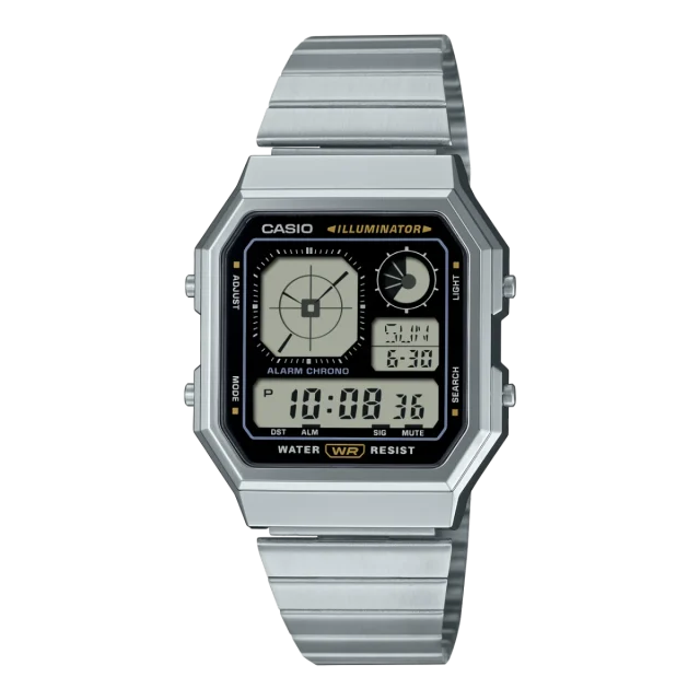 Casio Digital Octagon, Black Dial, Silver Case & Band - A130WE-1A