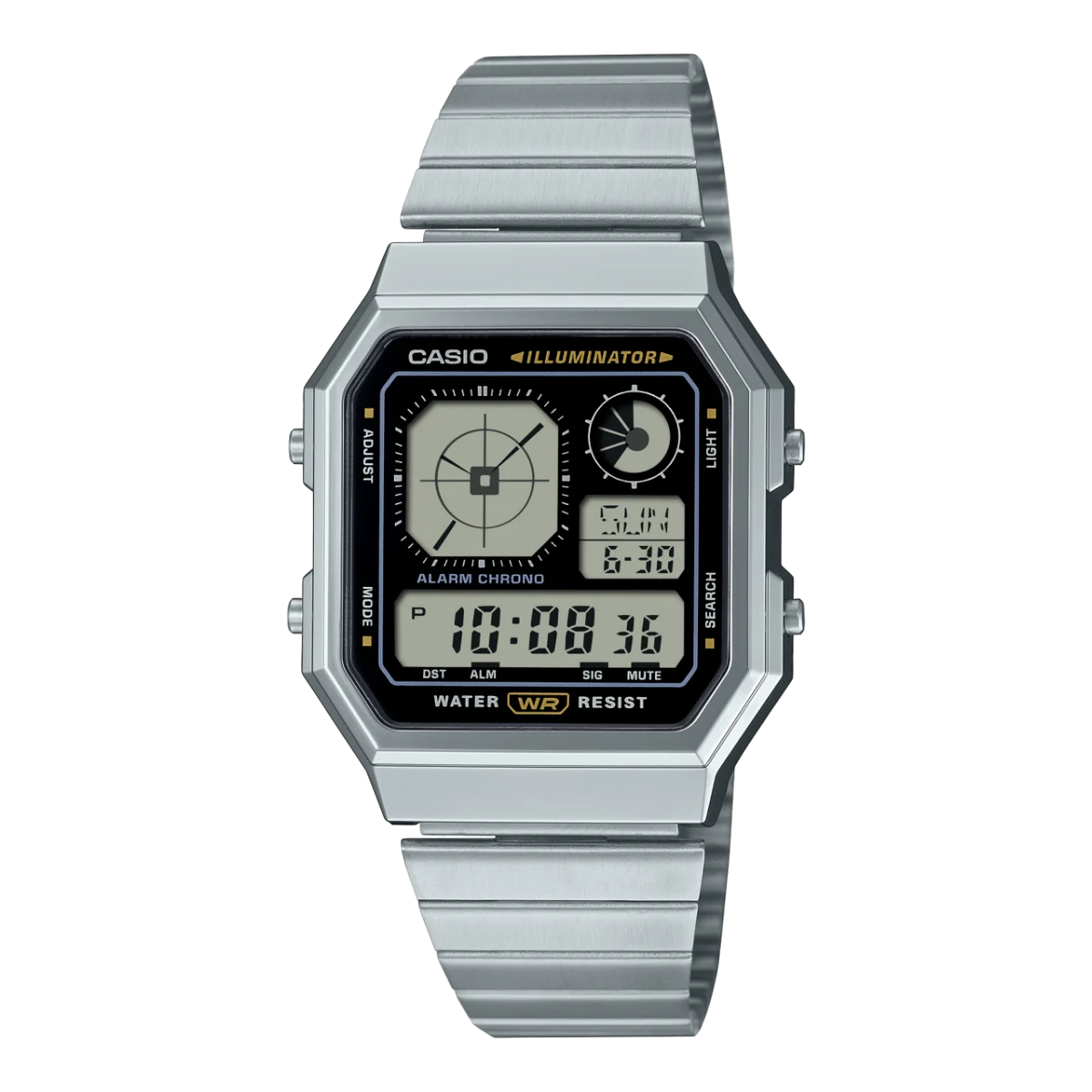 Casio Digital Octagon, Black Dial, Silver Case & Band - A130WE-1A