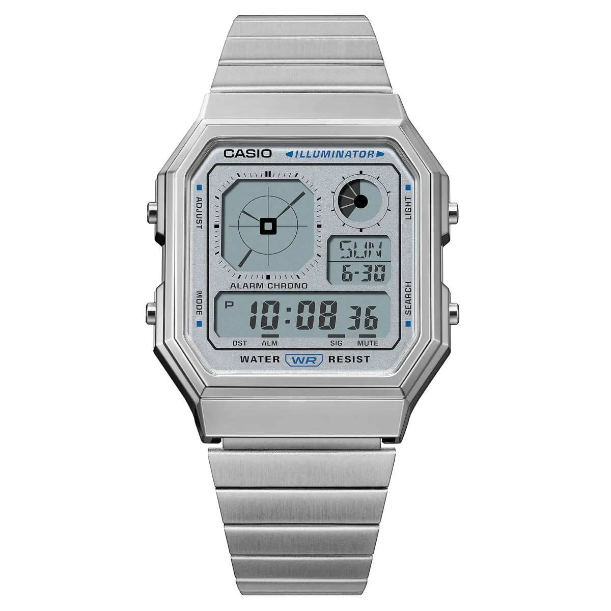 Casio Digital Octagon, Silver Dial, Silver Case & Band - A130WE-7A