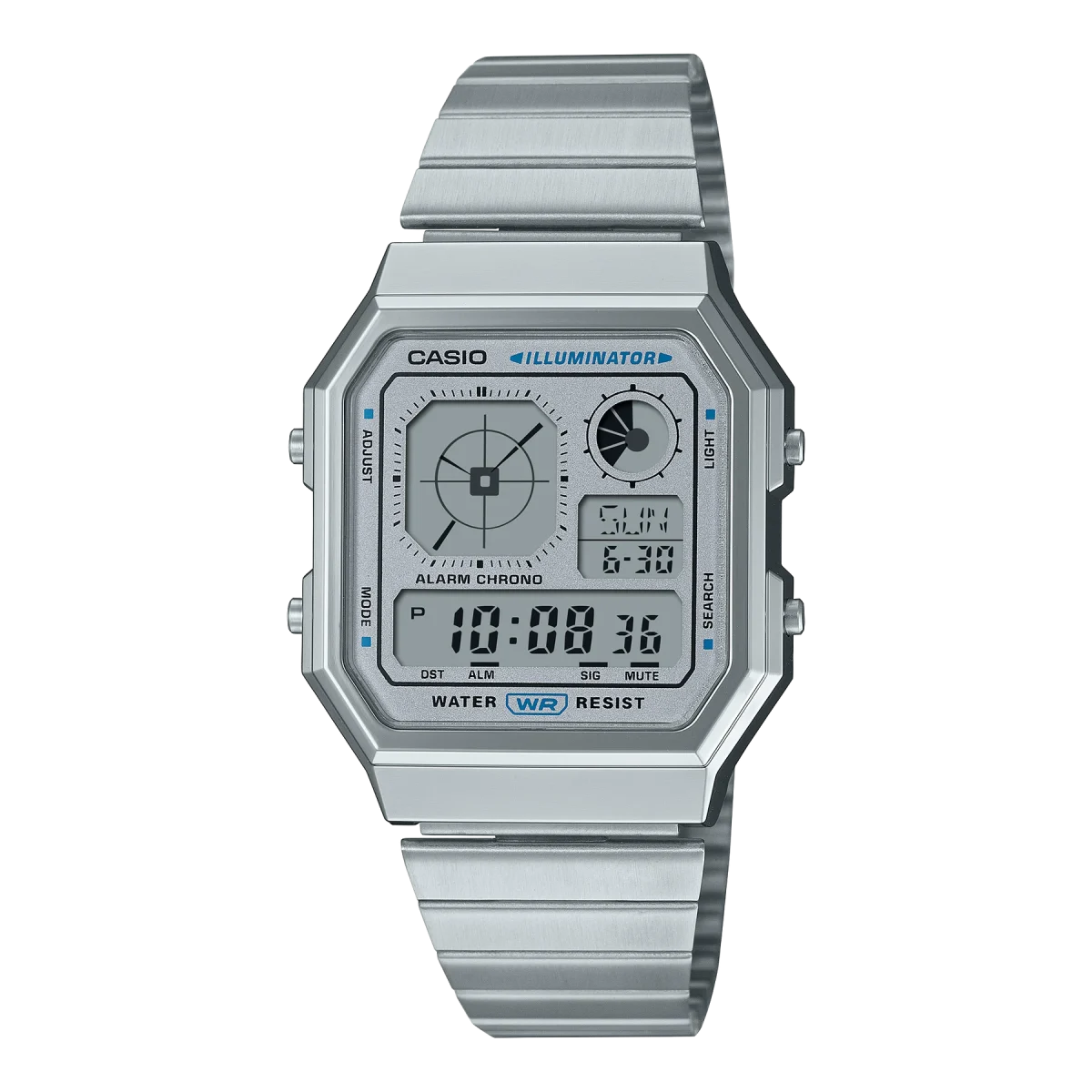 Casio Digital Octagon, Silver Dial, Silver Case & Band - A130WE-7A