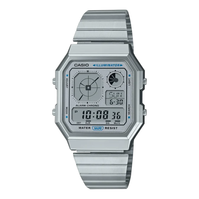 Casio Digital Octagon, Silver Dial, Silver Case & Band - A130WE-7A