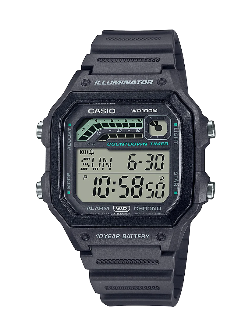 Casio Digital Sports LED 100m Off Black Resin Strap Watch - WS1600H-8A