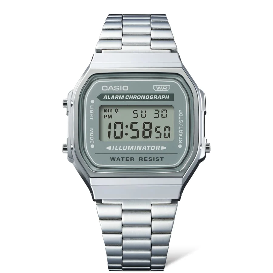 Casio Digital Tranquil Urban WR Green Face Stainless Steel Band - A168WA-3A