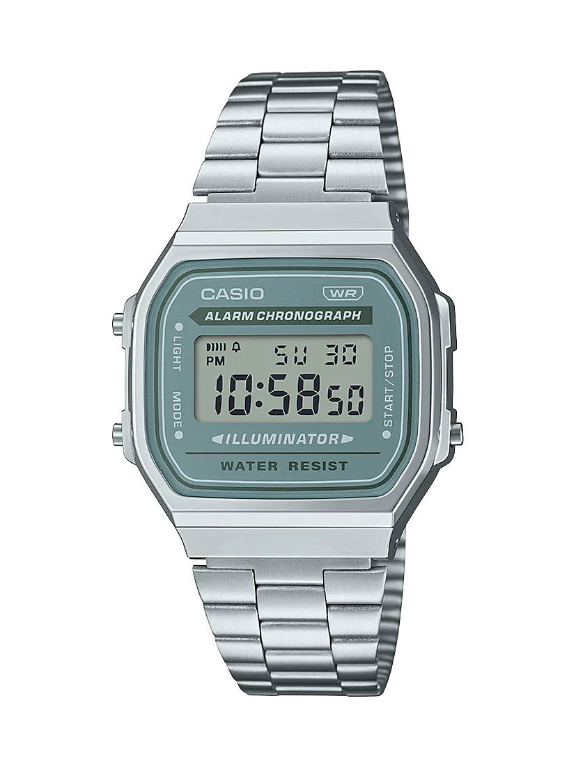 Casio Digital Tranquil Urban WR Green Face Stainless Steel Band - A168WA-3A