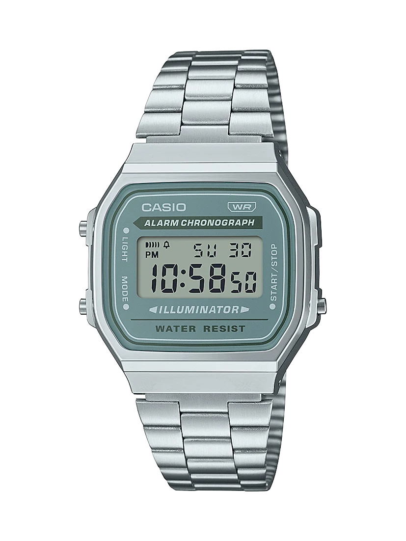 Casio Digital Tranquil Urban WR Green Face Stainless Steel Band - A168WA-3A