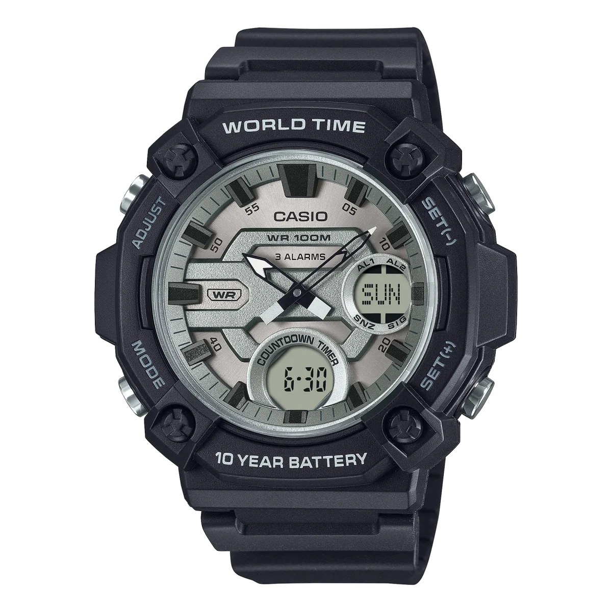 Casio Duo Monotone Colour Silver Face, Black Resin Strap 100M WR, 10YR Battery - AEQ120W-7A