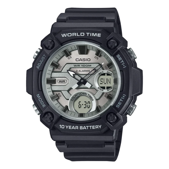 Casio Duo Monotone Colour Silver Face, Black Resin Strap 100M WR, 10YR Battery - AEQ120W-7A