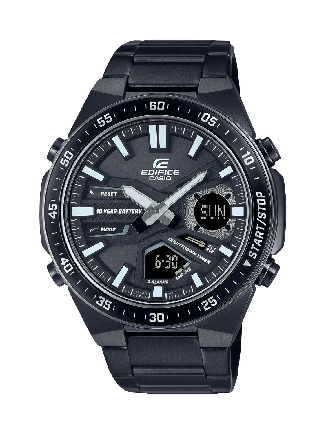 Casio Edifice Duel Time 100M WR Black Face Black IP Stainless Steel Band Watch - EFVC110DC-1A