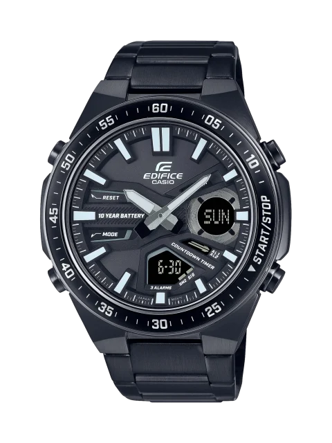 Casio Edifice Duel Time 100M WR Black Face Black IP Stainless Steel Band Watch - EFVC110DC-1A