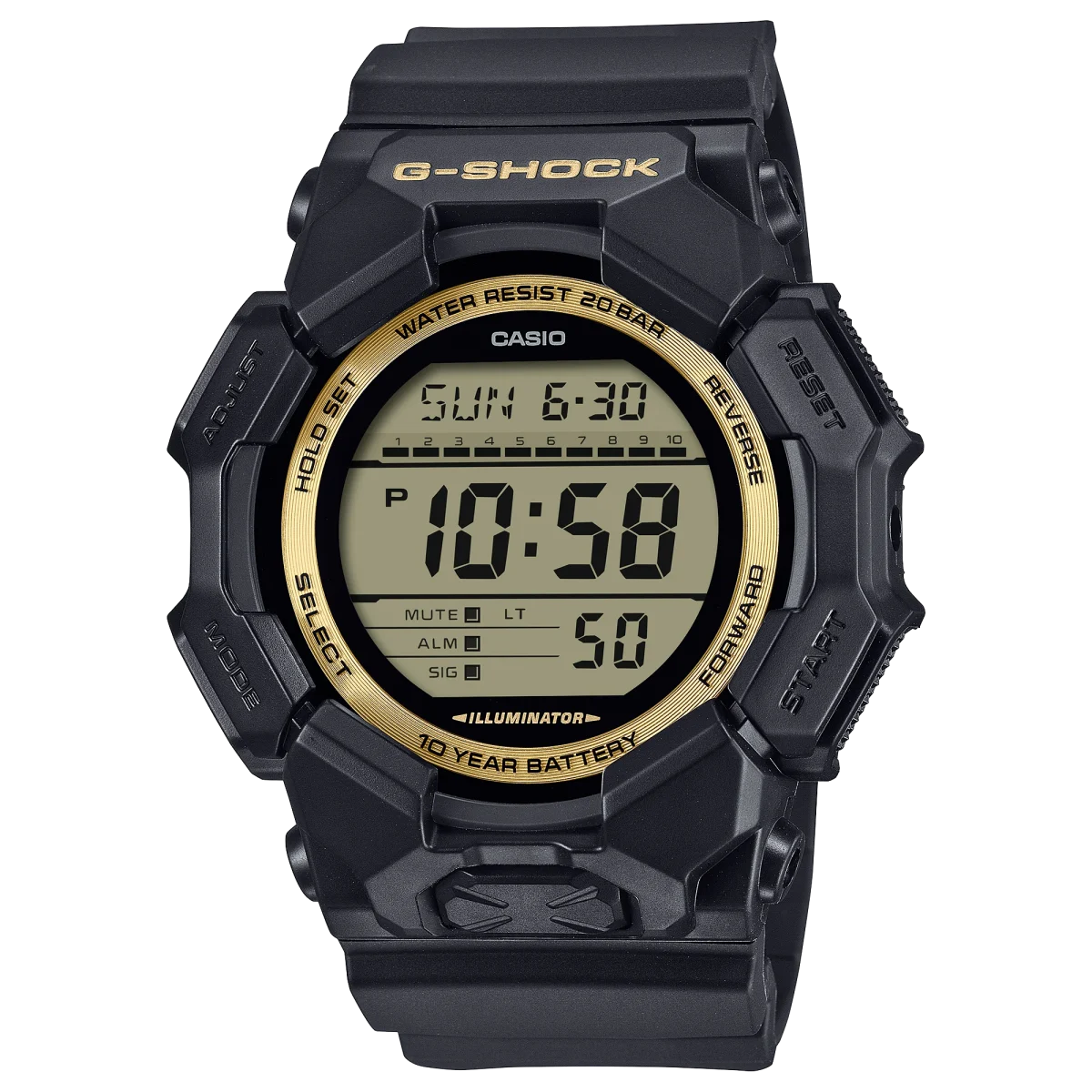 Casio G-Shock Digital Black/Gold, Black Resin 200M WR, 10 Year Battery - GD010GB-1A9