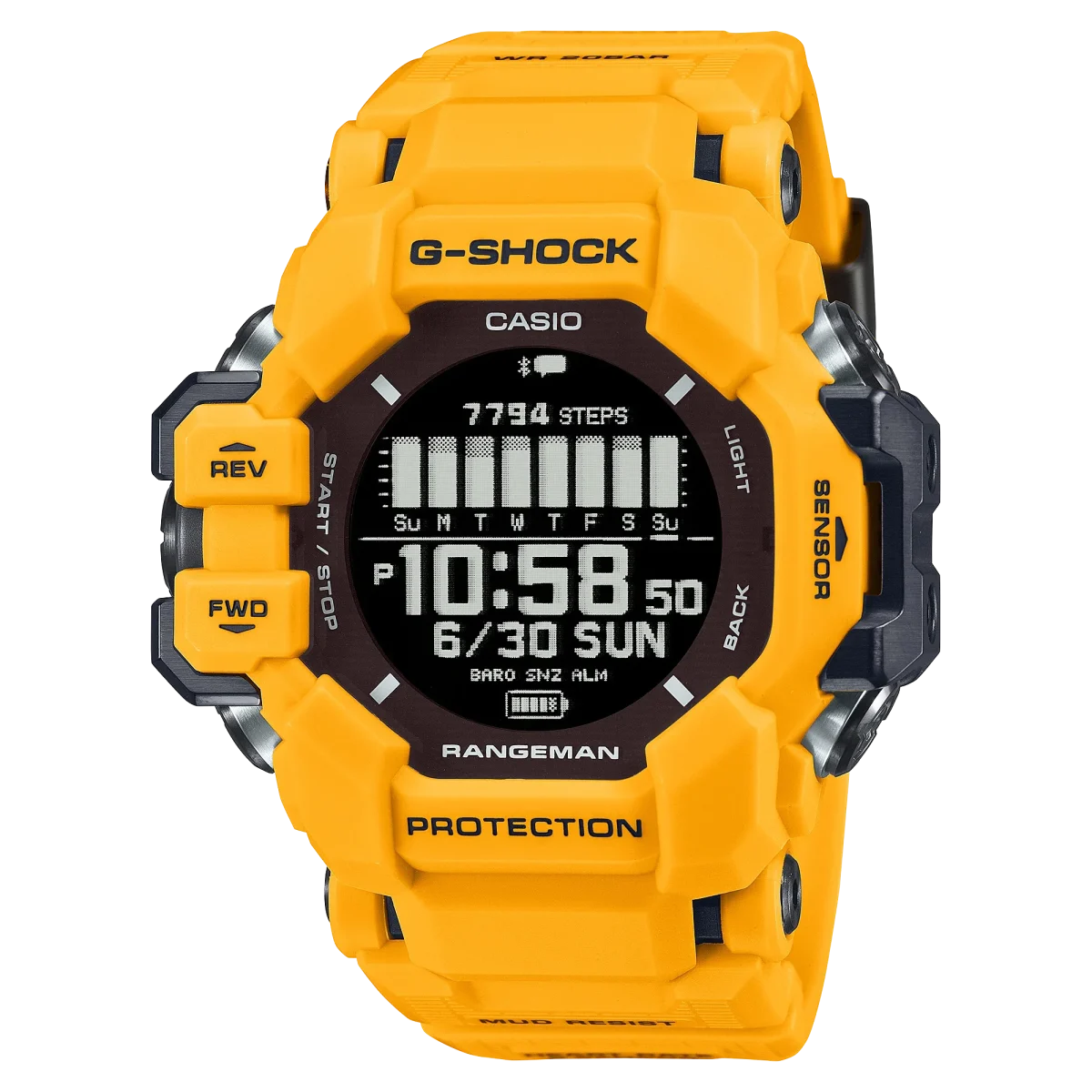 Casio G-Shock Digital GPS Master of G Line Rangeman Solar Powered, Bluetooth Connectivity 200M WR Yellow Case & Resin Band Watch - GPRH1000-9D