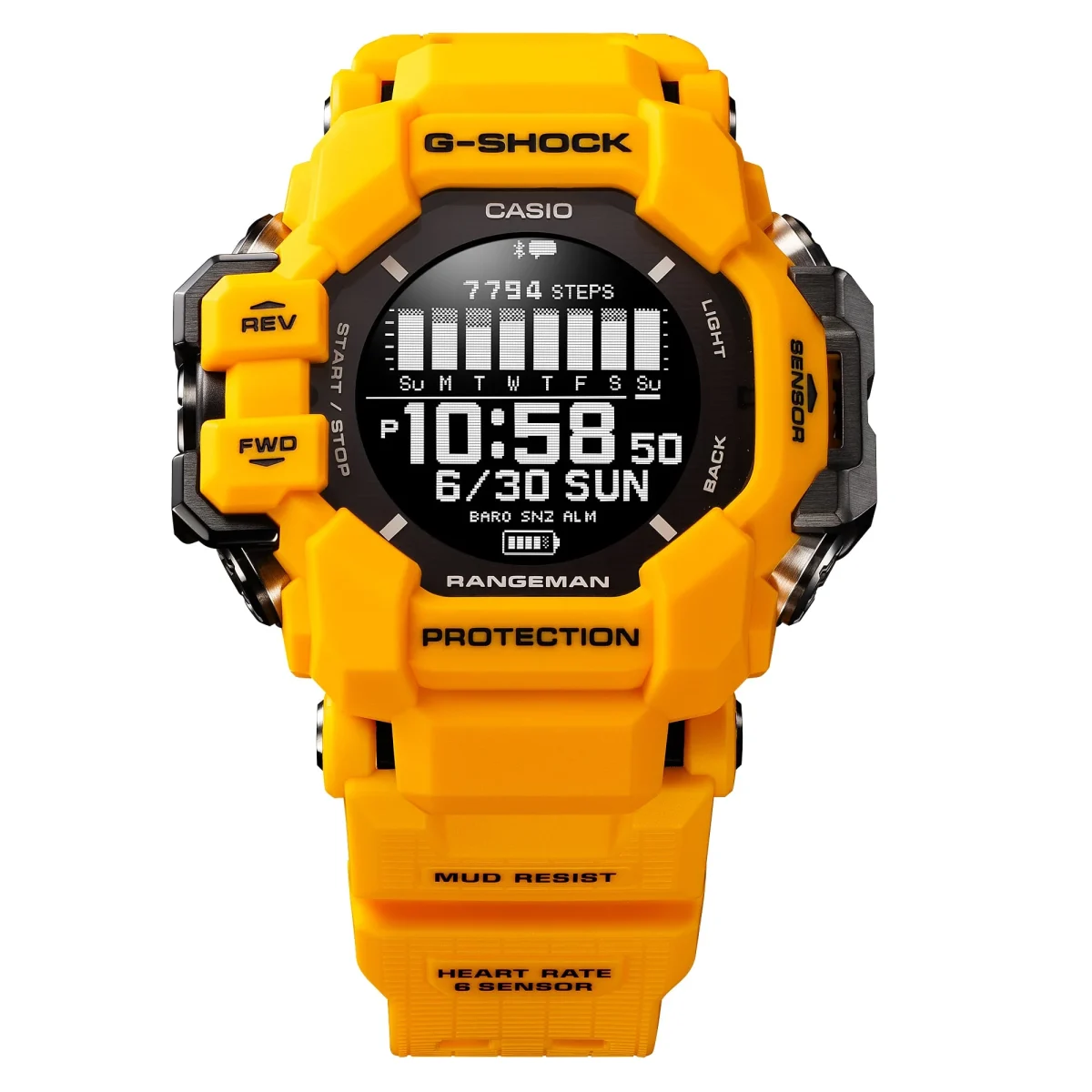 Casio G-Shock Digital GPS Master of G Line Rangeman Solar Powered, Bluetooth Connectivity 200M WR Yellow Case & Resin Band Watch - GPRH1000-9D