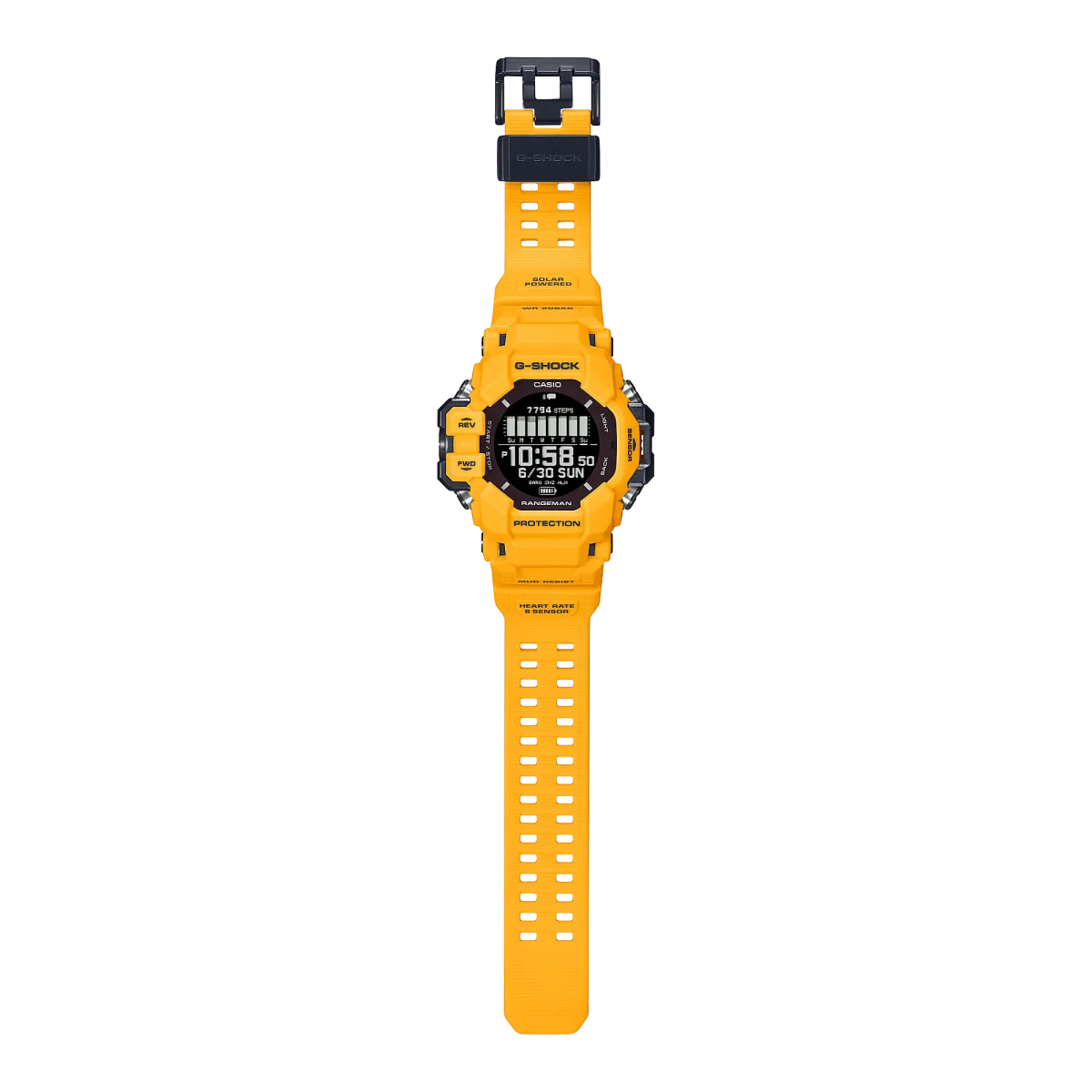 Casio G-Shock Digital GPS Master of G Line Rangeman Solar Powered, Bluetooth Connectivity 200M WR Yellow Case & Resin Band Watch - GPRH1000-9D