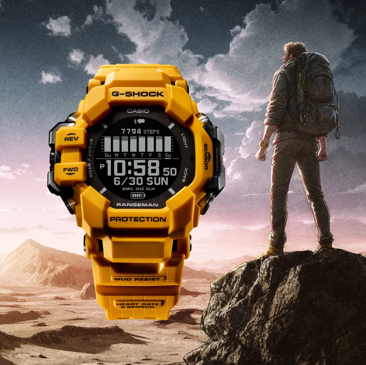 Casio G-Shock Digital GPS Master of G Line Rangeman Solar Powered, Bluetooth Connectivity 200M WR Yellow Case & Resin Band Watch - GPRH1000-9D