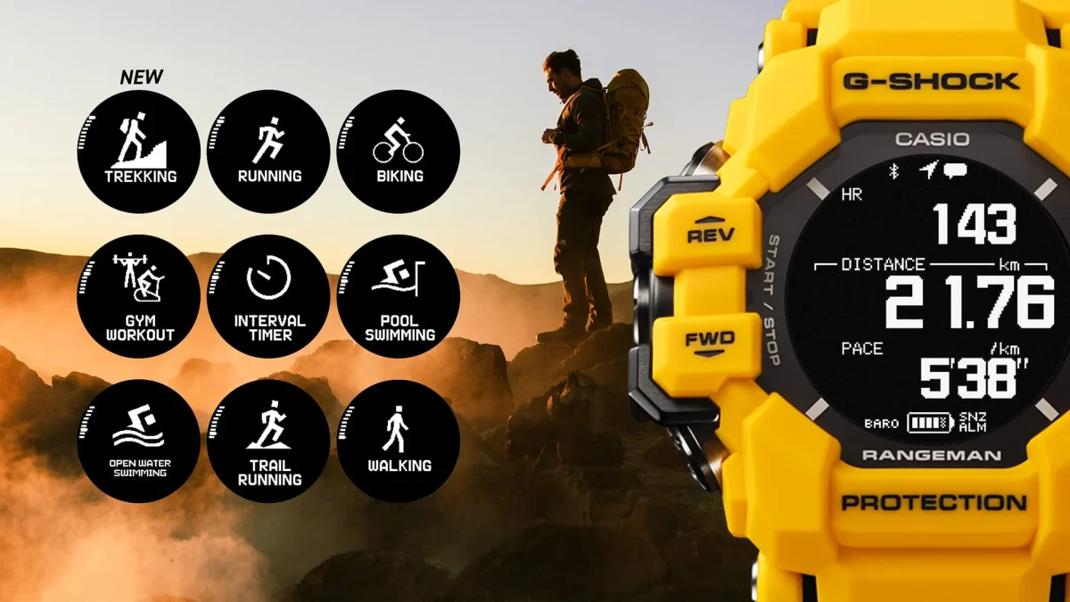 Casio G-Shock Digital GPS Master of G Line Rangeman Solar Powered, Bluetooth Connectivity 200M WR Yellow Case & Resin Band Watch - GPRH1000-9D