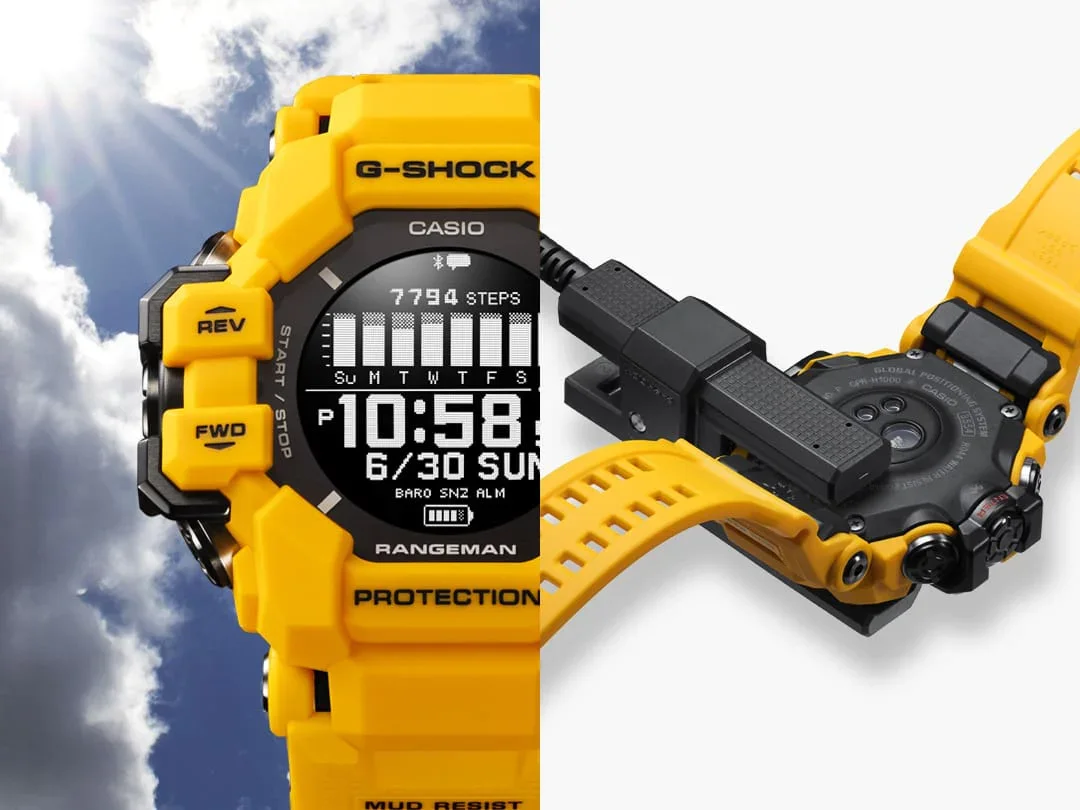 Casio G-Shock Digital GPS Master of G Line Rangeman Solar Powered, Bluetooth Connectivity 200M WR Yellow Case & Resin Band Watch - GPRH1000-9D