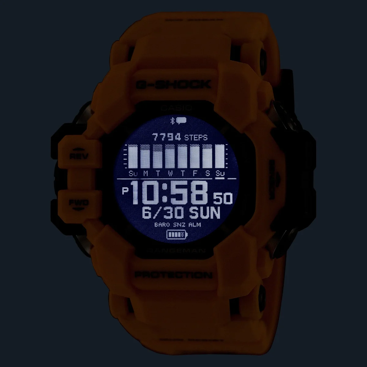 Casio G-Shock Digital GPS Master of G Line Rangeman Solar Powered, Bluetooth Connectivity 200M WR Yellow Case & Resin Band Watch - GPRH1000-9D