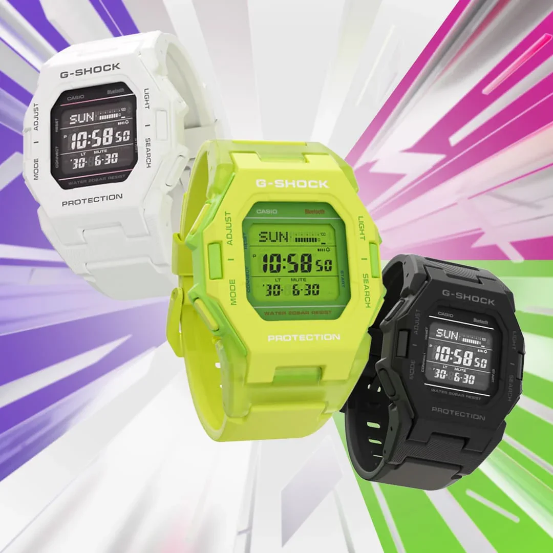 Casio G-Shock Digital Square Duel Time 200M WR Bluetooth Black Face, White Resin Band - GDB500-7D