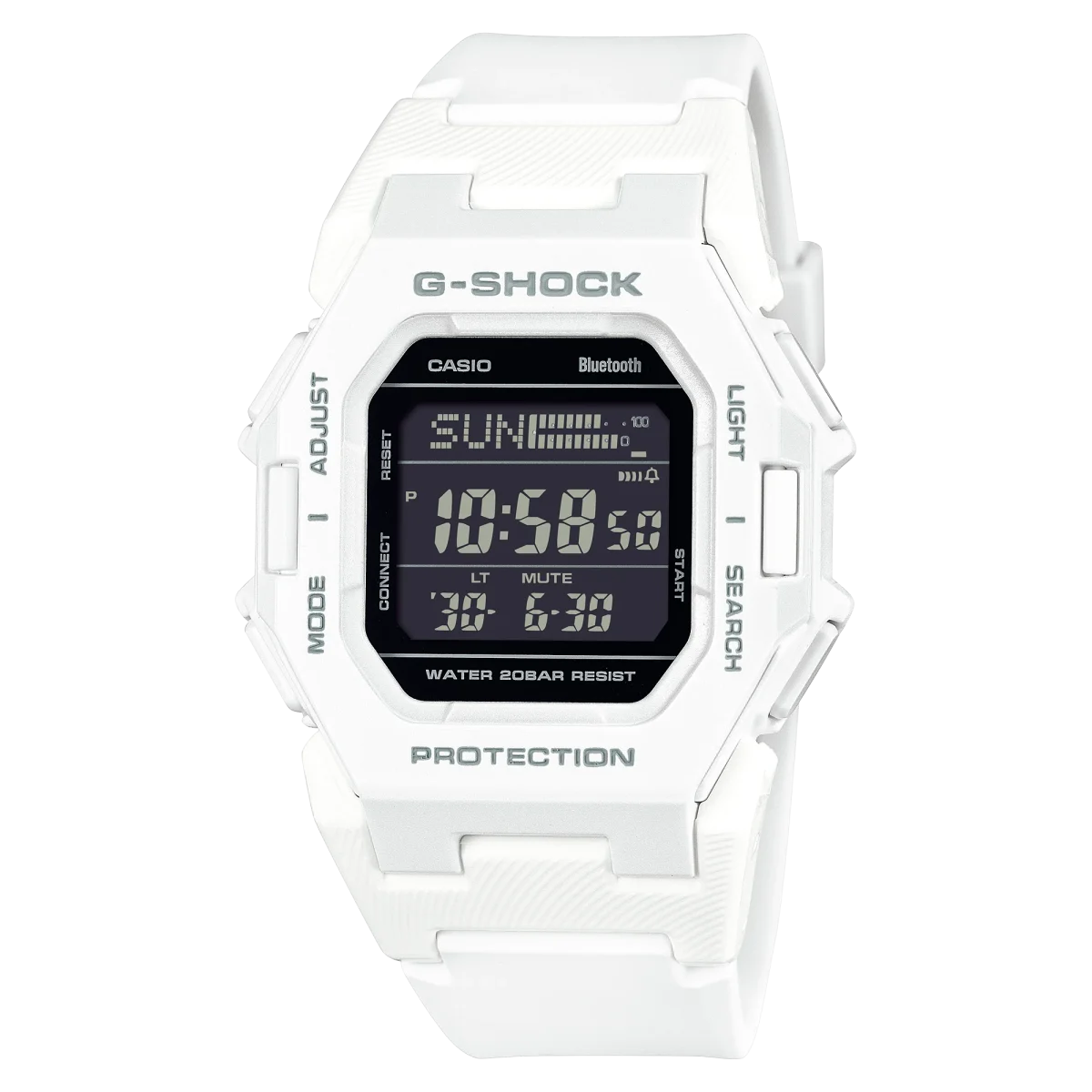Casio G-Shock Digital Square Duel Time 200M WR Bluetooth Black Face, White Resin Band - GDB500-7D