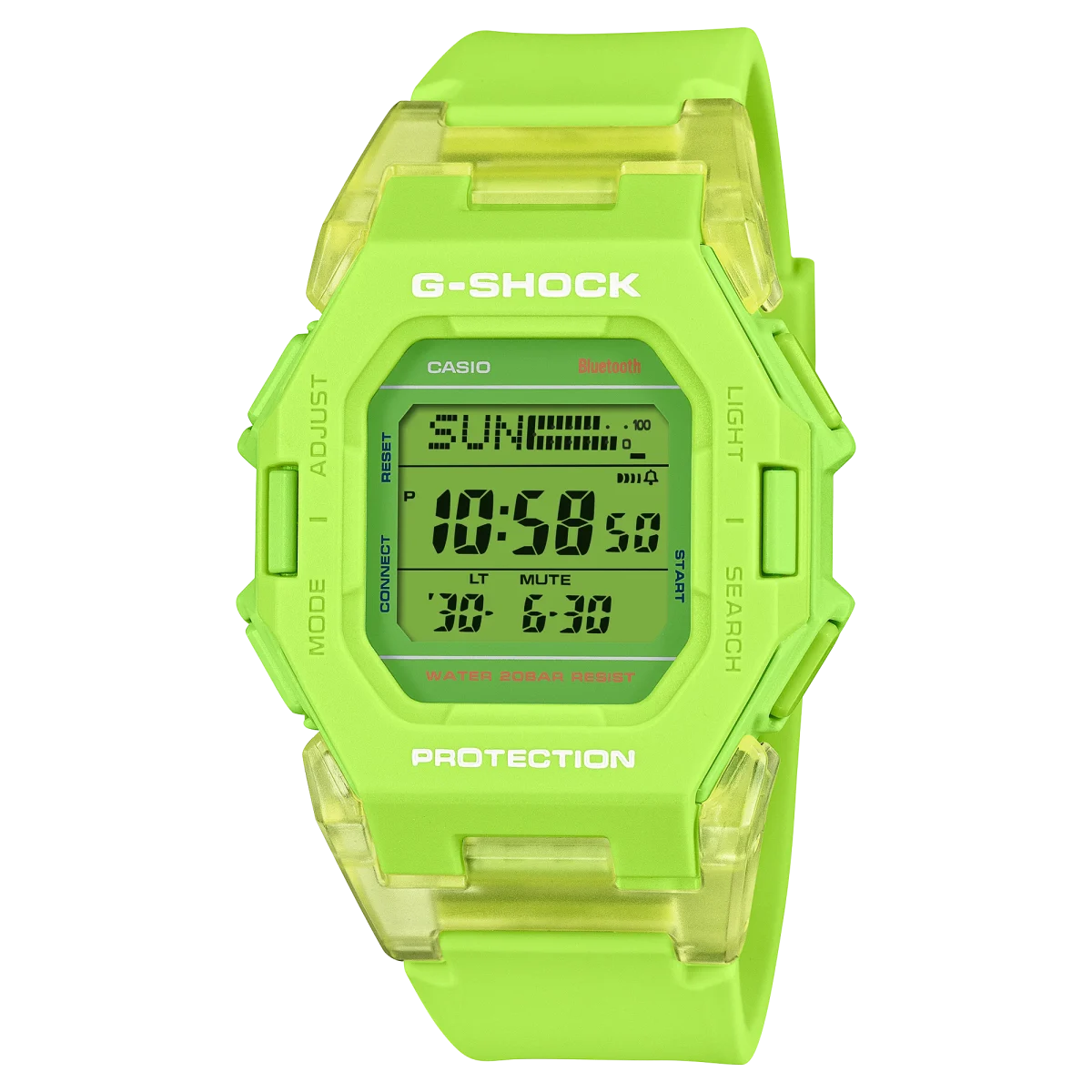 Casio G-Shock Digital Square Dual Time 200M WR Bluetooth Green Face, Translucent Resin Band - GDB500S-3D