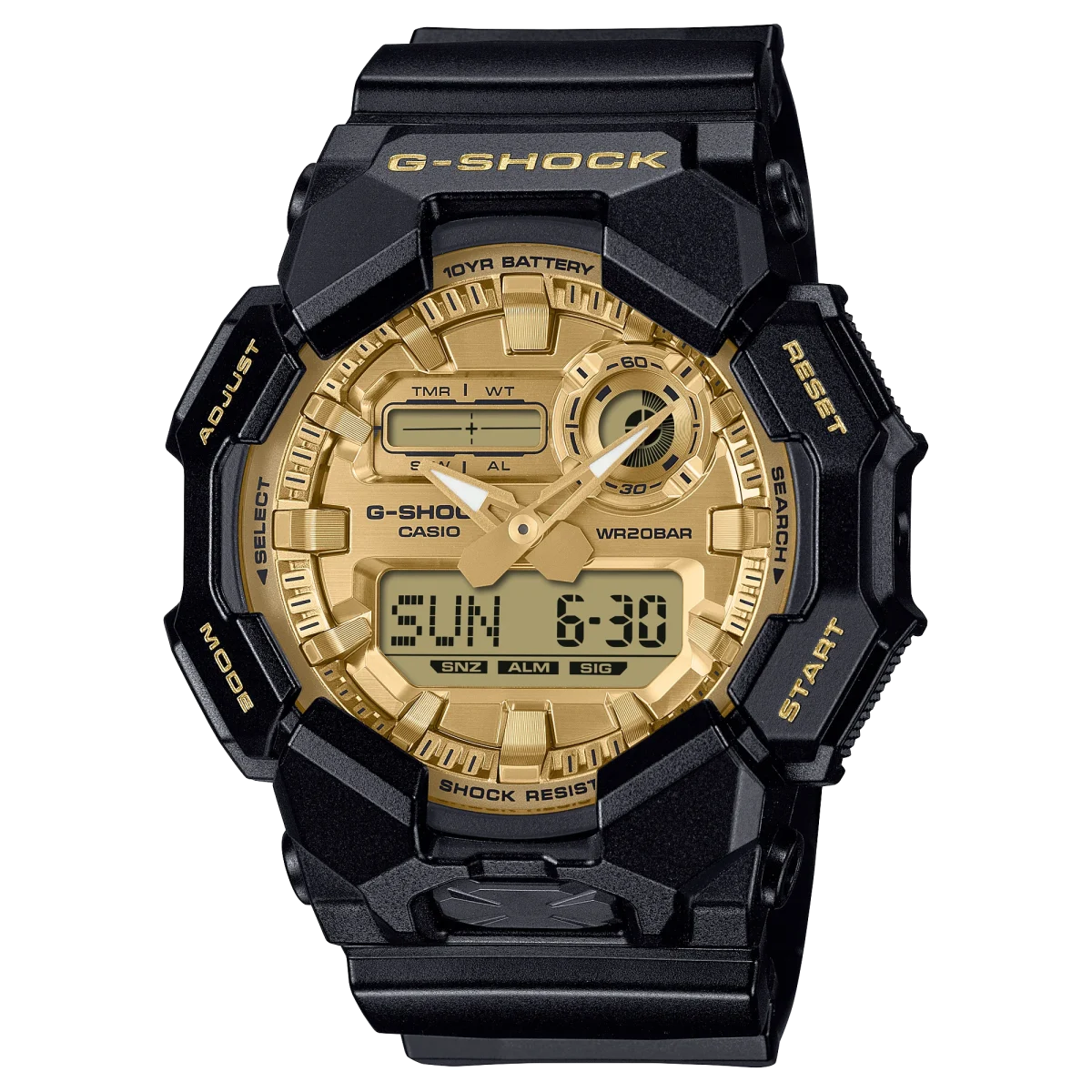 Casio G-Shock Duel Time Black/Gold, Black Resin 200M WR, 10YR Battery - GA010GGB-1A9