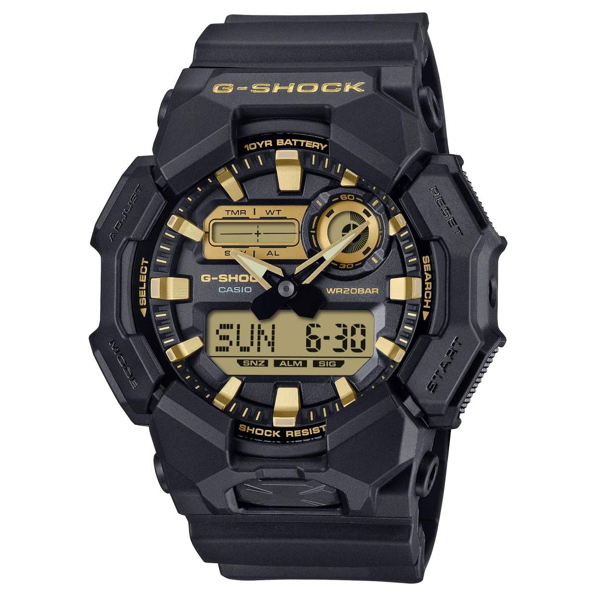 Casio G-Shock Duel Time Black/Gold, Black Resin 200M WR, 10YR Battery - GA010GB-1A9