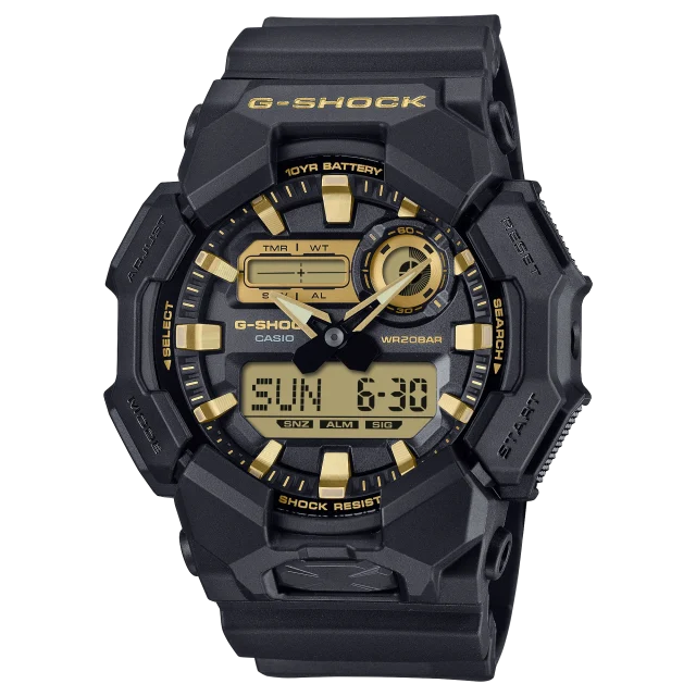 Casio G-Shock Duel Time Black/Gold, Black Resin 200M WR, 10YR Battery - GA010GB-1A9