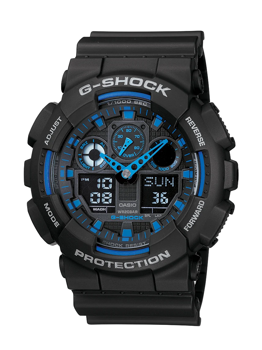 Casio G-Shock GA100-1A2 Men's Analog Digital Watch – Black & Blue | 200M Water Resistant