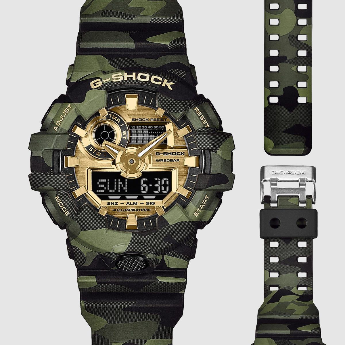 Casio G-SHOCK GA700CMG-3A Bold Camo Series Men's Watch – Green Camouflage & Gold Dial
