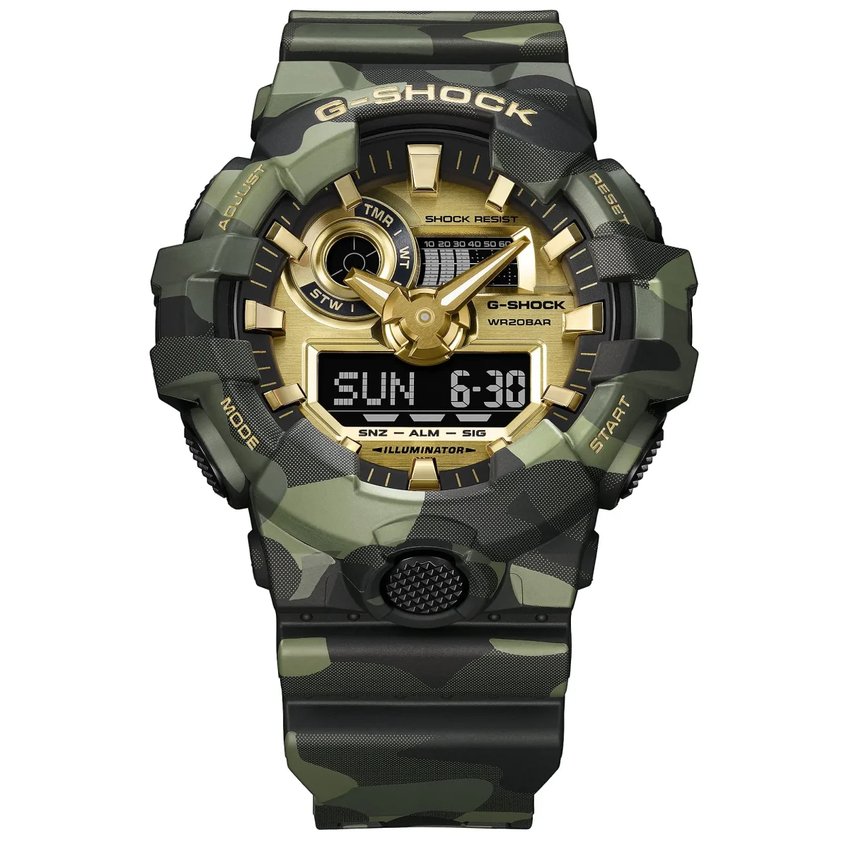 Casio G-SHOCK GA700CMG-3A Bold Camo Series Men's Watch – Green Camouflage & Gold Dial