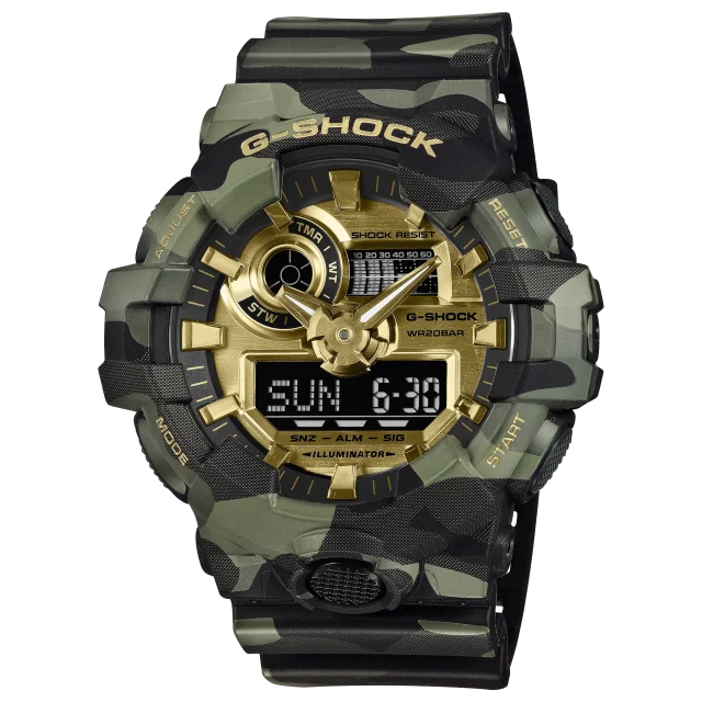 Casio G-SHOCK GA700CMG-3A Bold Camo Series Men's Watch – Green Camouflage & Gold Dial