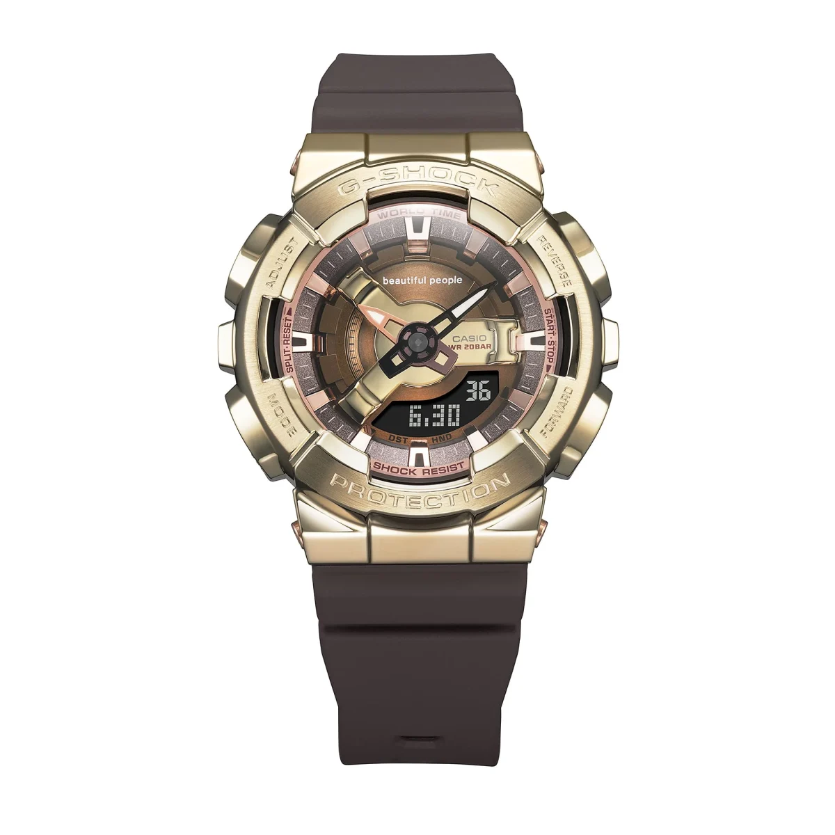 Casio G-Shock Limited Edition Dual Time Beautiful People 200M Gold Bezel, Brown Resin Band - GMS110BP-5A