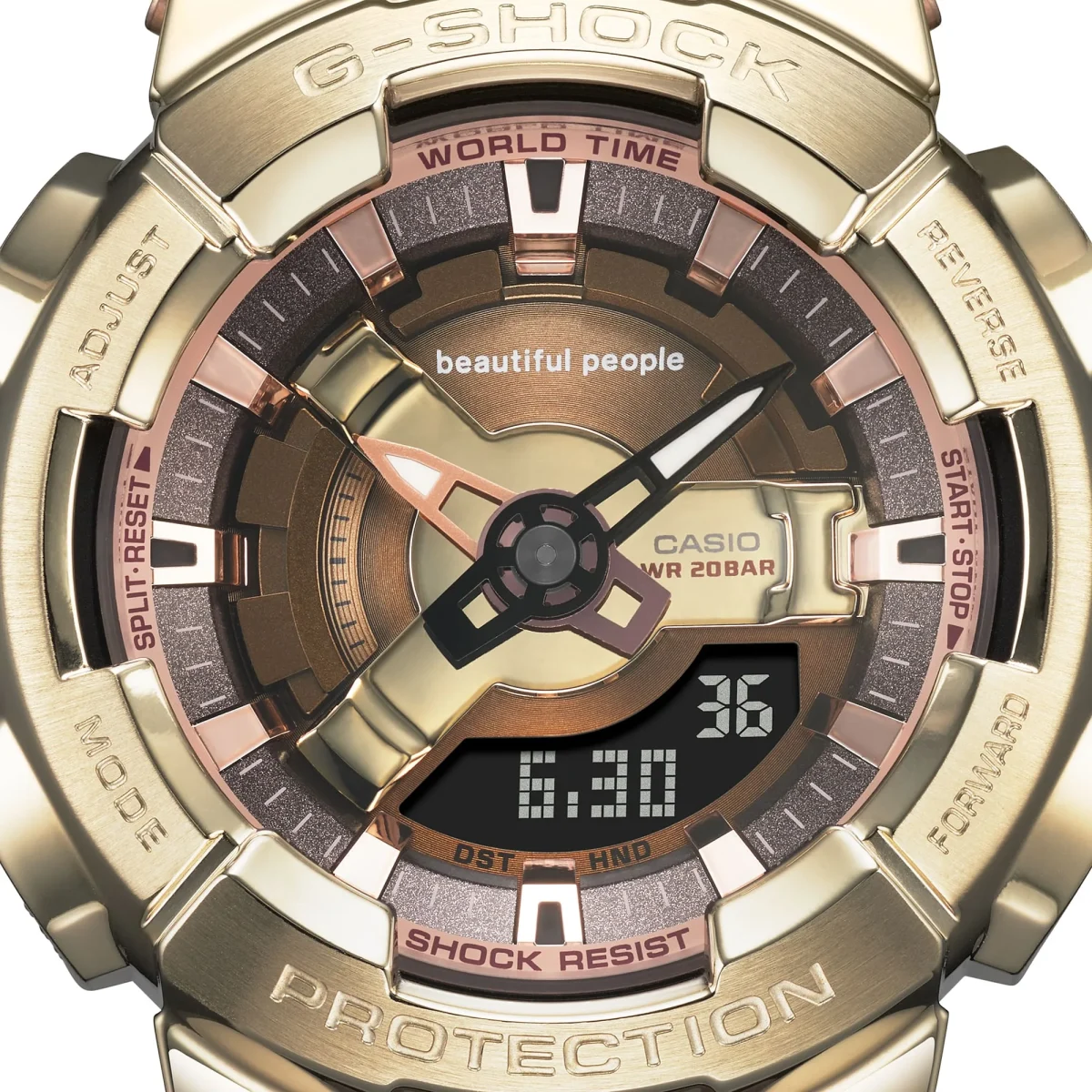 Casio G-Shock Limited Edition Dual Time Beautiful People 200M Gold Bezel, Brown Resin Band - GMS110BP-5A
