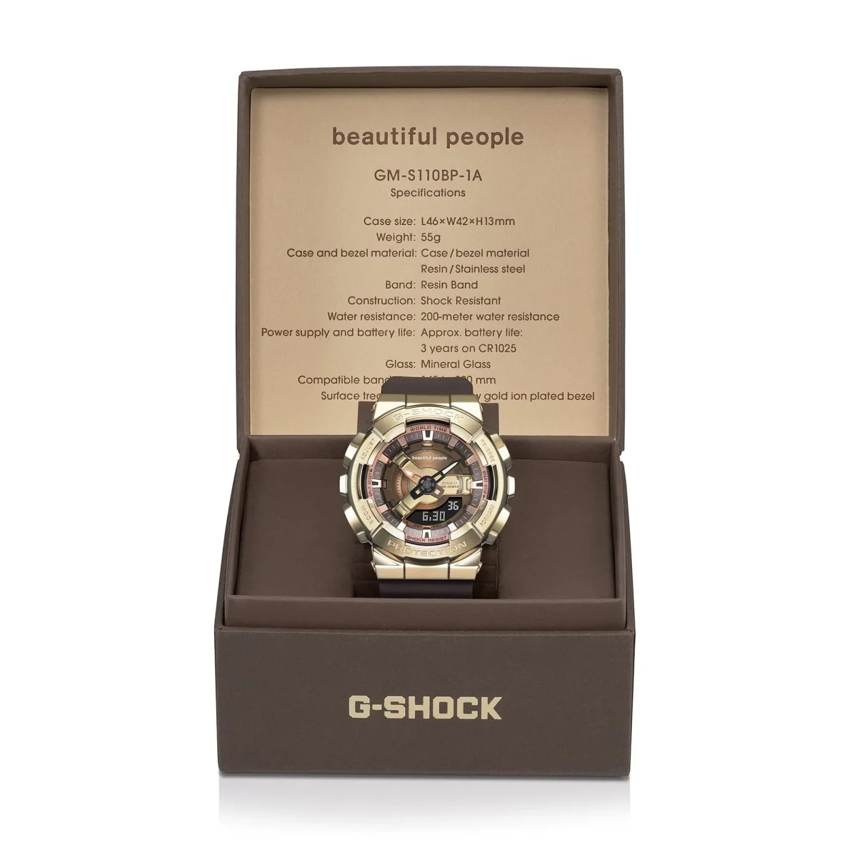 Casio G-Shock Limited Edition Dual Time Beautiful People 200M Gold Bezel, Brown Resin Band - GMS110BP-5A