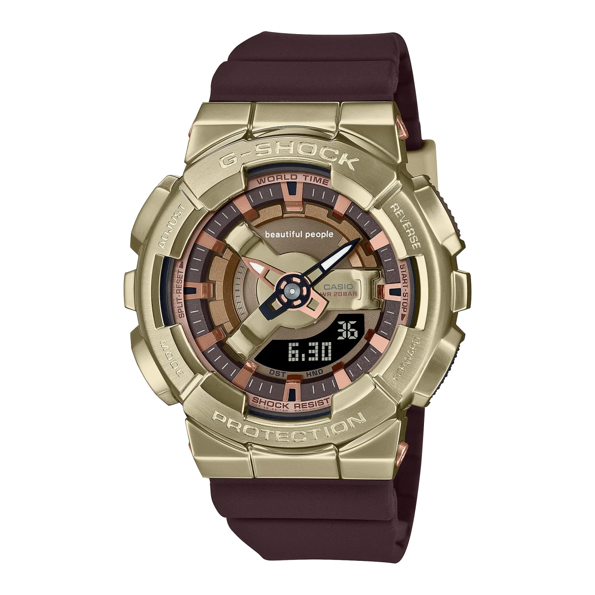 Casio G-Shock Limited Edition Dual Time Beautiful People 200M Gold Bezel, Brown Resin Band - GMS110BP-5A