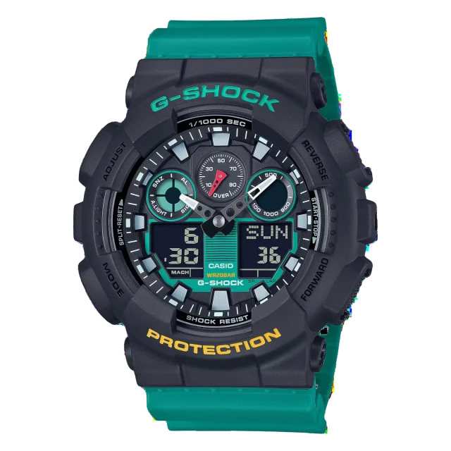 Casio G-Shock Mix Tapes Collection 200M WR Black Case, Green Resin Band - GA100MT-1A3