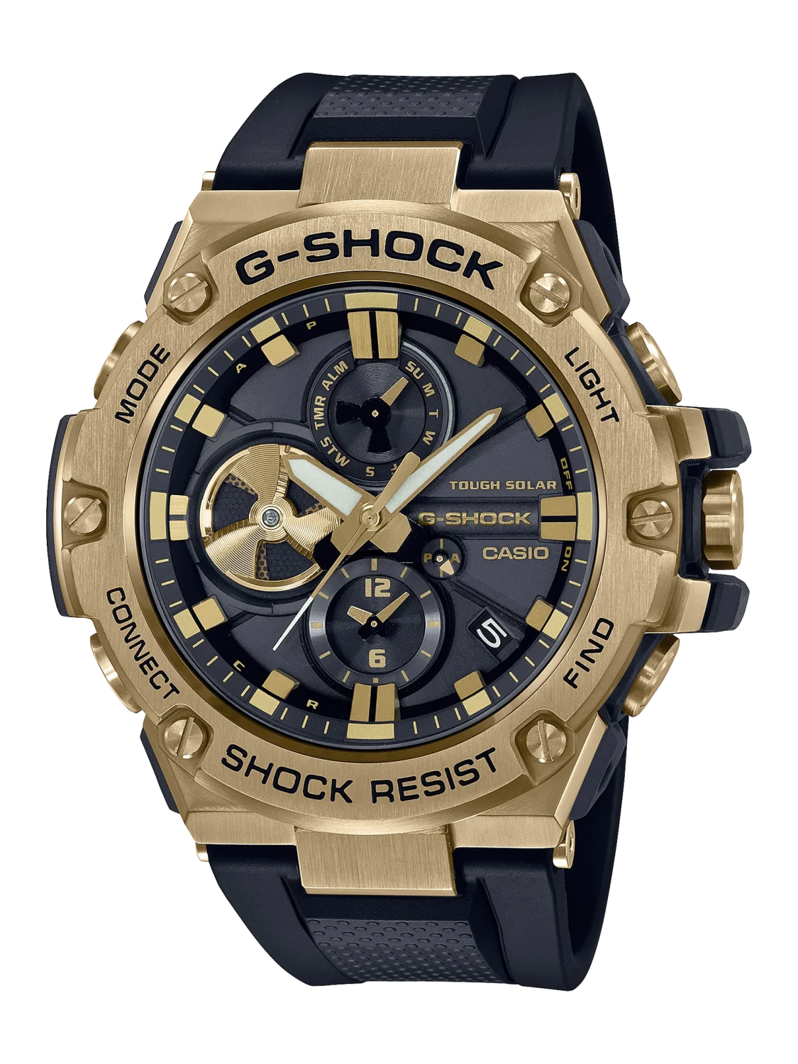 Casio G-Shock Solar Powered, Bluetooth, 200M WR Gold Case Black Band - GSTB100GB-1A9