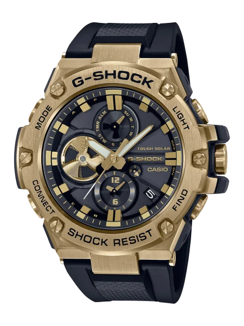 Casio G-Shock Solar Powered, Bluetooth, 200M WR Gold Case Black Band - GSTB100GB-1A9