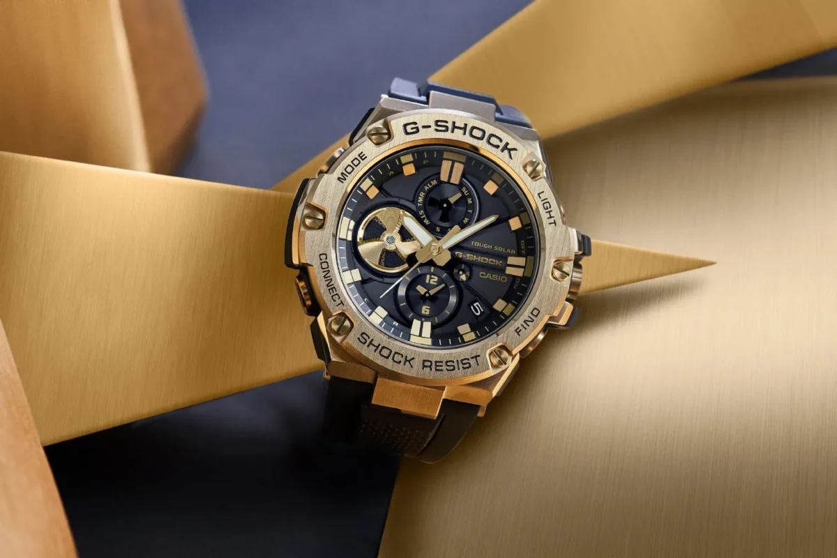 Casio G-Shock Solar Powered, Bluetooth, 200M WR Gold Case Black Band - GSTB100GB-1A9
