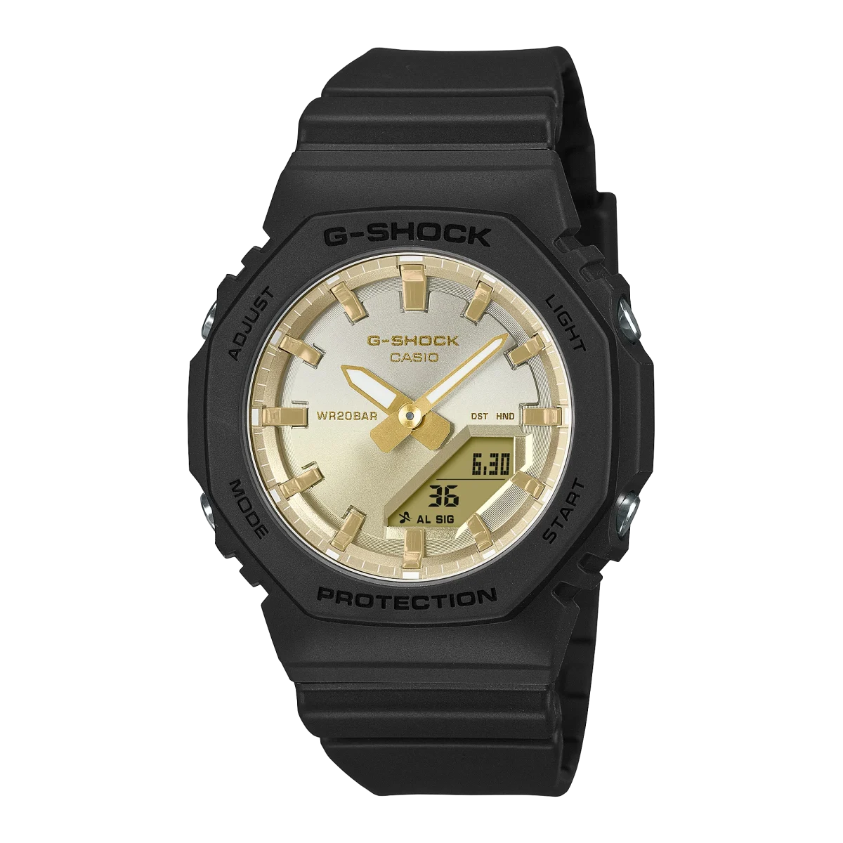 Casio G-Shock Womens Analog/Digital Midsize Sunset Glow Series 200m WR Gold Dial Black Resin Band - GMAP2100SG-1A