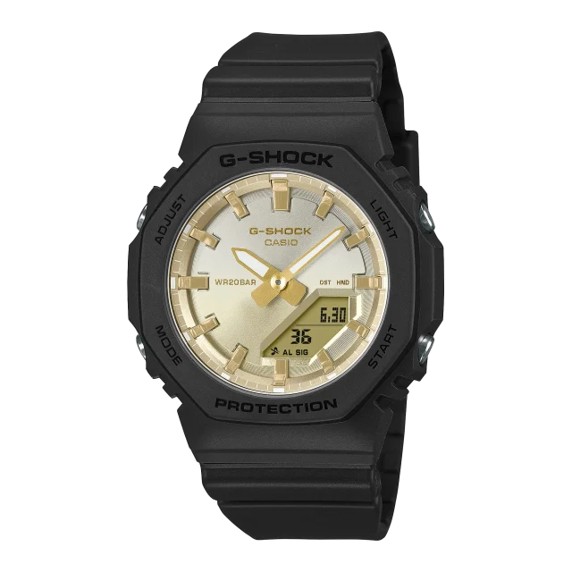 Casio G-Shock Womens Analog/Digital Midsize Sunset Glow Series 200m WR Gold Dial Black Resin Band - GMAP2100SG-1A