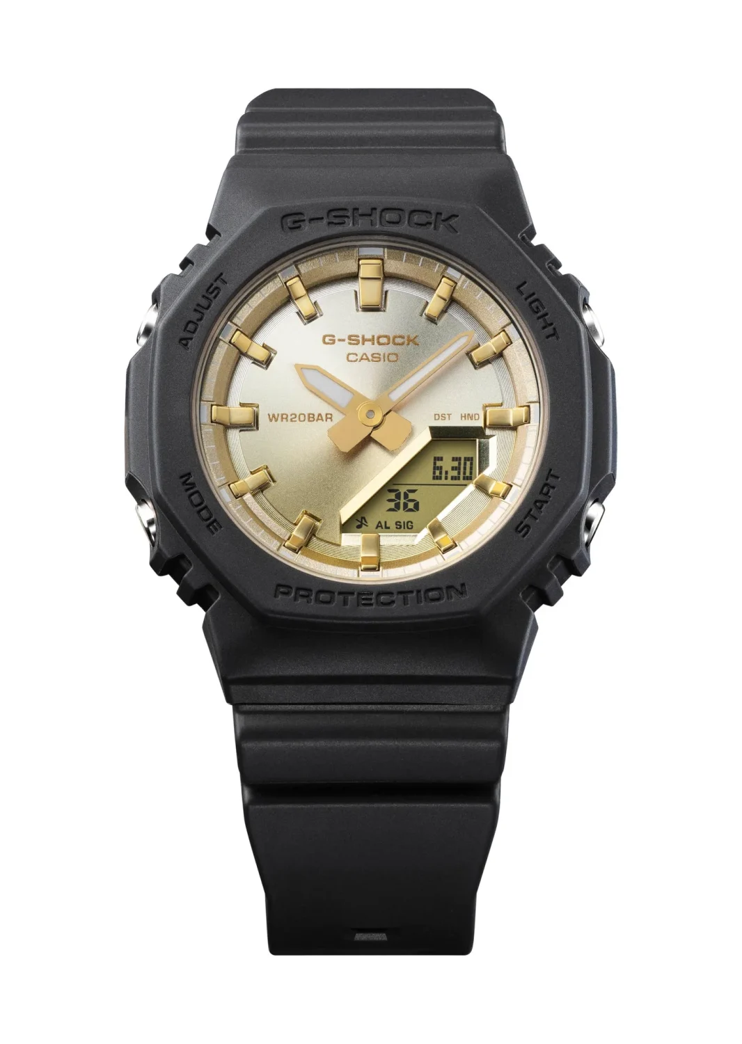 Casio G-Shock Womens Analog/Digital Midsize Sunset Glow Series 200m WR Gold Dial Black Resin Band - GMAP2100SG-1A