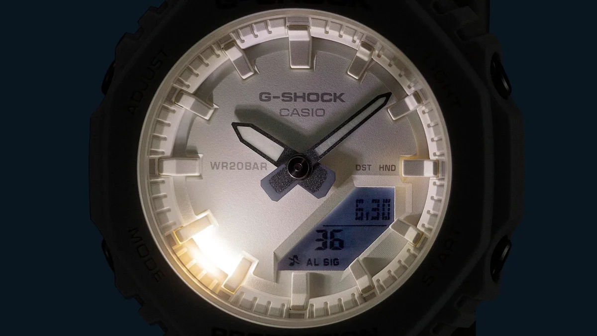 Casio G-Shock Womens Analog/Digital Midsize Sunset Glow Series 200m WR Gold Dial Black Resin Band - GMAP2100SG-1A