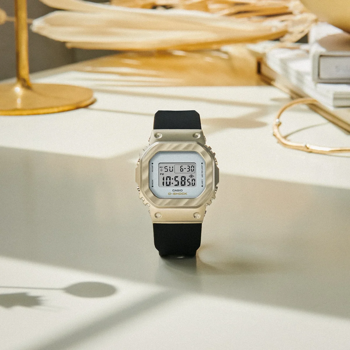 Casio G-Shock Womens Series Belle Courbe 200M WR Silver Dial, Gold Bezel, Black Resin Band Watch - GMS5600BC-1D