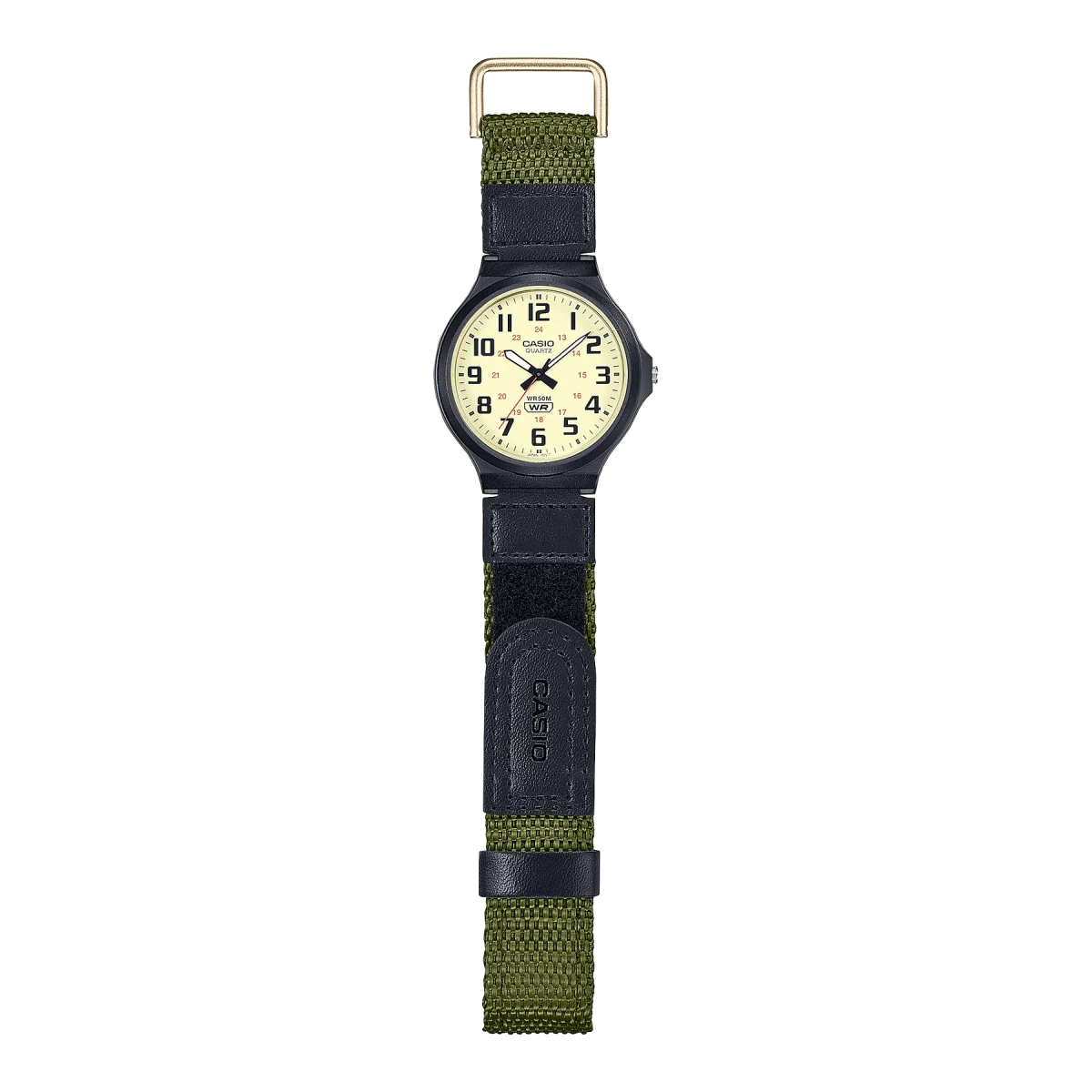 Casio Gents Analog Cram Dial Black Numbers Black Case, Black/Green Velcro-Fastening Band - MW240B-3B