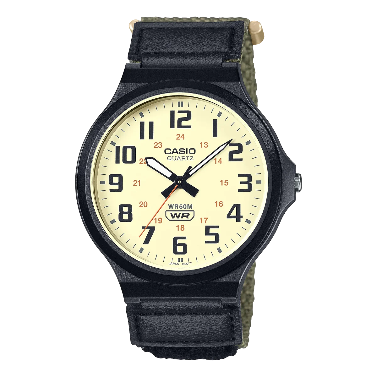 Casio Gents Analog Cram Dial Black Numbers Black Case, Black/Green Velcro-Fastening Band - MW240B-3B