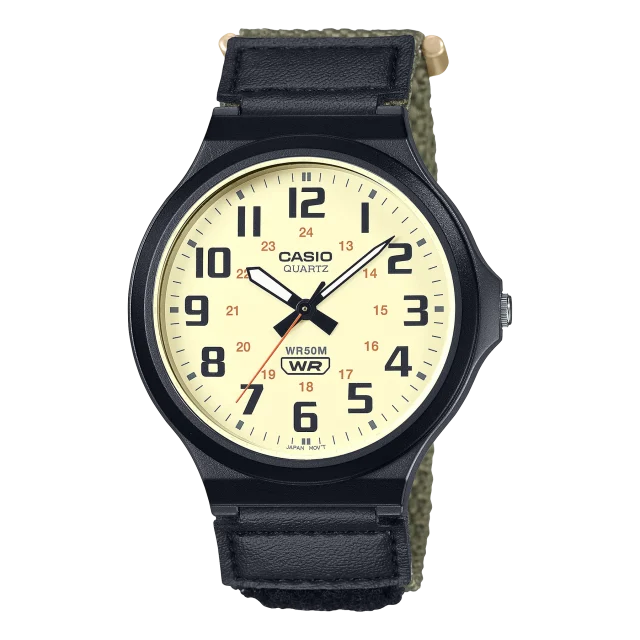 Casio Gents Analog Cram Dial Black Numbers Black Case, Black/Green Velcro-Fastening Band - MW240B-3B